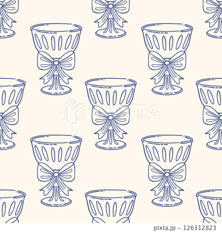 Elegant goblets with bows seamless pattern. Festive background. Hand drawn sketch illustration. Elegant goblets with bows seamless pattern. Festive background. Hand drawn sketch illustration. 126312823