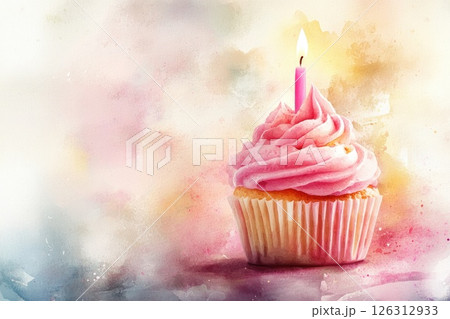 Colorful cupcake with pink frosting and candle on a soft pastel background for celebration 126312933