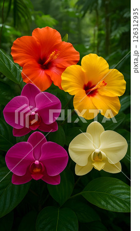 Bright arrangement of tropical flowers Bright arrangement of tropical flowers 126312935