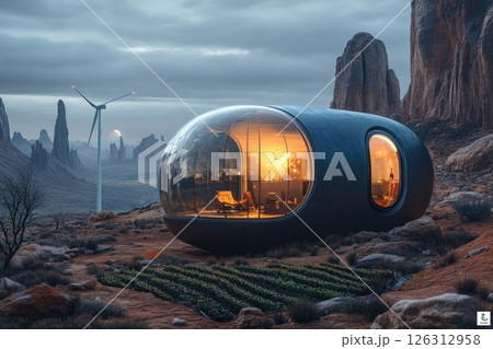 Futuristic eco-friendly home with large glass windows surrounded by desert landscape and wind turbine Futuristic eco-friendly home with large glass windows surrounded by desert landscape and wind turbine 126312958