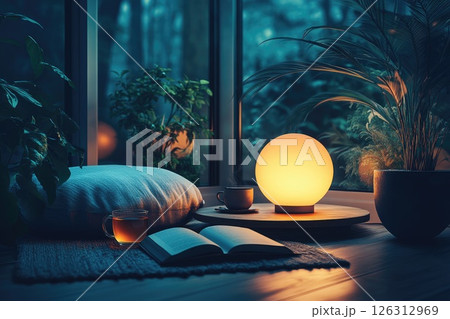 Cozy indoor scene with glowing lamp, plants, and open book on a soft rug in tranquil ambiance Cozy indoor scene with glowing lamp, plants, and open book on a soft rug in tranquil ambiance 126312969