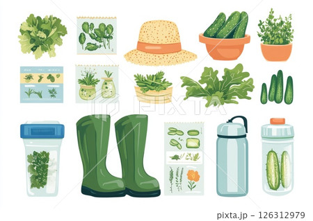 Colorful flat illustration of gardening tools, plants, and accessories for home gardening enthusiasts Colorful flat illustration of gardening tools, plants, and accessories for home gardening enthusiasts 126312979