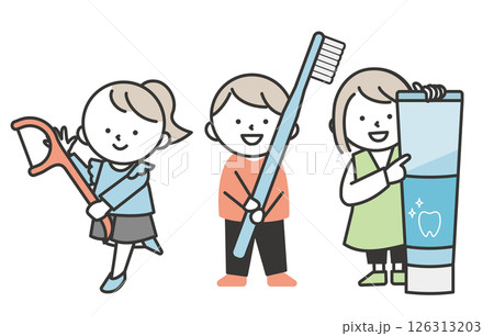 フロスと歯ブラシと歯磨き粉を持つ子供のイラスト｜虫歯予防・歯みがき習慣のシンプルでかわいいイメージ 126313203