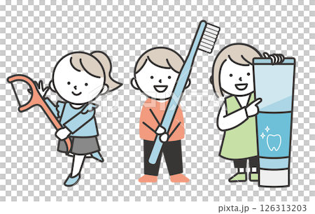 Illustration of a child holding floss, toothbrush and toothpaste | Simple and cute image of tooth decay prevention and tooth brushing habits 126313203