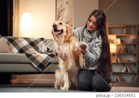 Sitting and smiling. Woman is with golden retriever dog at home Sitting and smiling. Woman is with golden retriever dog at home 126314051