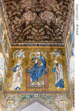 Majestic mosaic of christ pantocrator with saints peter and paul in palatine chapel Majestic mosaic of christ pantocrator with saints peter and paul in palatine chapel 126314442