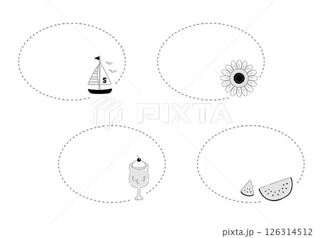 シンプルでナチュラルな夏アイテムのフレームセット：モノクロ・白背景・楕円・4種類 126314512