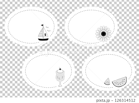 シンプルでナチュラルな夏アイテムのフレームセット：モノクロ・白背景・楕円・4種類 126314512