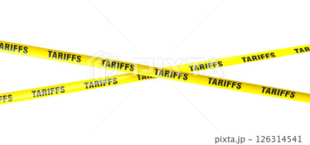 Yellow caution tape with the word tariffs repeating over a transparent background Yellow caution tape with the word tariffs repeating over a transparent background 126314541
