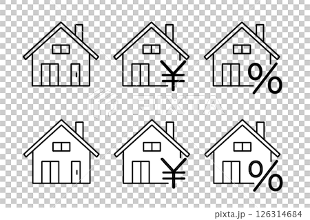 住宅に円マークとパーセンテージ記号がつけられたアイコンセット 126314684