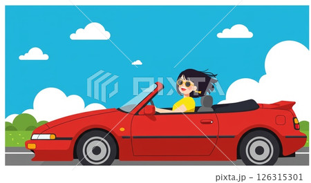 風を切って：オープンカーでドライブする女性 126315301