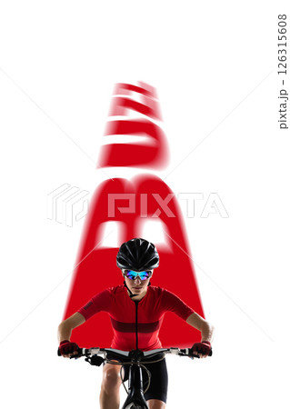 Poster. Creative art collage. Female cyclist rides forward with red BAM text trailing behind against white background. 126315608