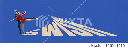 Banner. Creative art collage. Ice skaters perform elegant routine as SWISH text trails motion against blue background. Banner. Creative art collage. Ice skaters perform elegant routine as SWISH text trails motion against blue background. 126315616