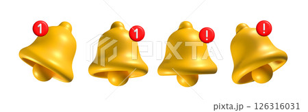 Set of four 3D yellow notification bell icons with red alert badges, isolated on a white background. Shiny metallic bells with number and exclamation mark symbols representing messages, alerts, and 126316031