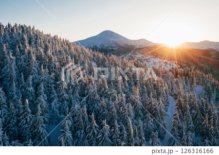 Winter aerial landscape of majestic Carpathian mountains. Background with amazing sunset Winter aerial landscape of majestic Carpathian mountains. Background with amazing sunset 126316166