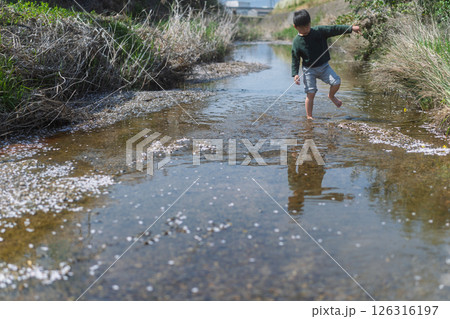 春の日差しの中川遊びをしている少年 126316197