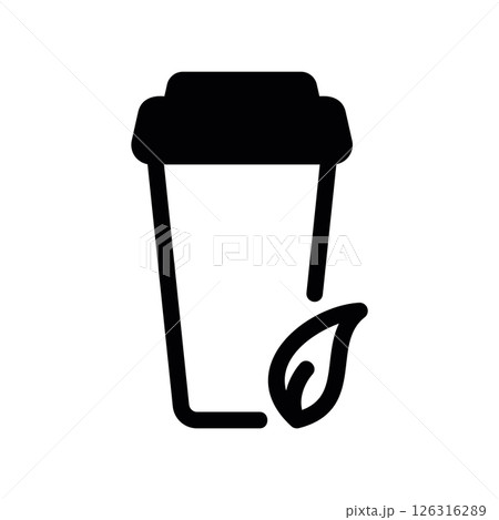 Black Silhouette of Takeaway Beverage Cup with Lid and Leaf Symbol Black Silhouette of Takeaway Beverage Cup with Lid and Leaf Symbol 126316289