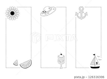 シンプルでナチュラルな夏アイテムのフレームセット：モノクロ・透過・長方形・縦書き・3種類 126316306