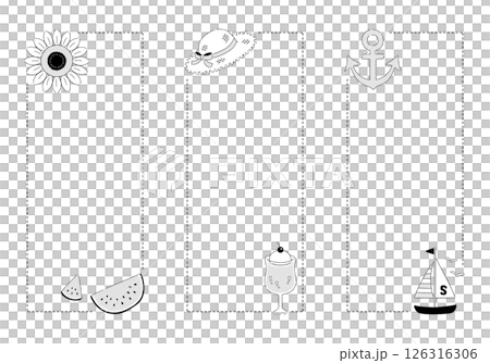 シンプルでナチュラルな夏アイテムのフレームセット：モノクロ・透過・長方形・縦書き・3種類 126316306