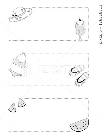 シンプルでナチュラルな夏アイテムのフレームセット:モノクロ・透過・長方形・横書き・3種類 シンプルでナチュラルな夏アイテムのフレームセット:モノクロ・透過・長方形・横書き・3種類 126316311