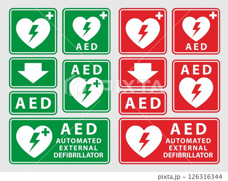 AED emergency defibrillator icon sign symbol. First aid Automated external defibrillator. Vector illustration. Isolated on white background. 126316344