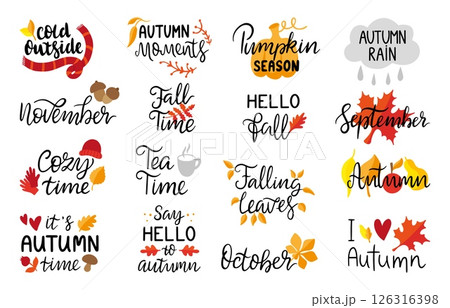 Fall season lettering. Autumn calligraphy and typography handwritten design. Isolated seasonal quotes, november, september, tea time, neoteric vector set Fall season lettering. Autumn calligraphy and typography handwritten design. Isolated seasonal quotes, november, september, tea time, neoteric vector set 126316398