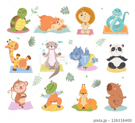 Animal yoga. Cartoon animals doing pilates training, stretching and meditation. Keep calm workout, sport turtle hippo giraffe panda, nowaday vector set Animal yoga. Cartoon animals doing pilates training, stretching and meditation. Keep calm workout, sport turtle hippo giraffe panda, nowaday vector set 126316400