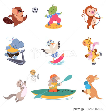 Sport animals. Cartoon animal workout, play basketball and soccer, boxing, surfing. Active kangaroo, hippo otter frog giraffe, nowaday vector set 126316402