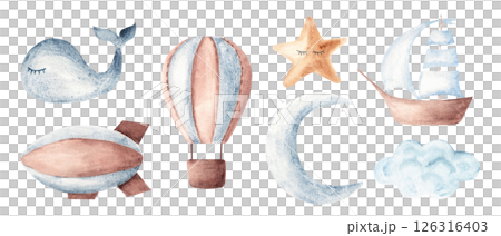 Watercolor Baby Set. Air transport, Sea design elements, Crescent Moon, cute sleeping Star and Cloud. Watercolor Hand drawn Children's illustration isolated on white background in Vintage style. For Watercolor Baby Set. Air transport, Sea design elements, Crescent Moon, cute sleeping Star and Cloud. Watercolor Hand drawn Children's illustration isolated on white background in Vintage style. For 126316403
