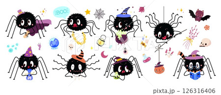 Halloween spiders. Funny spider in different poses. Autumn festive characters with pumpkin, wear witch hat, study magic on book, nowaday vector set 126316406