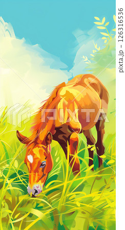 cartoon of little mini horse foal at meadow, children's book illustration, copy space. kindergarten, junior school, hospital 126316536