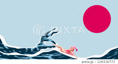 Woman in pink swimsuit and swim cap relaxing on inflatable flamingo on wave shaped like hand, with large pink sun in background. Woman in pink swimsuit and swim cap relaxing on inflatable flamingo on wave shaped like hand, with large pink sun in background. 126316772