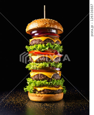 Giant hamburger with melted cheddar cheese overflowing layers 126316887