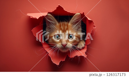 red cat breaking through paper hole, banner with copy space red cat breaking through paper hole, banner with copy space 126317173