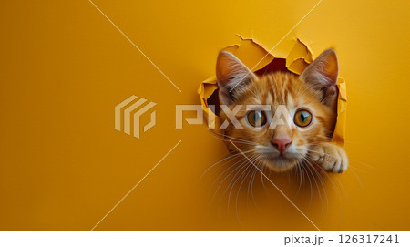 red cat breaking through yellow paper hole, banner with copy space 126317241
