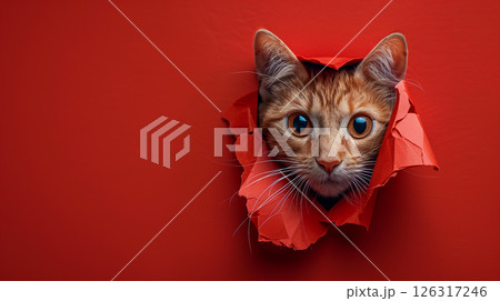 red cat breaking through blue paper hole, banner with copy space 126317246