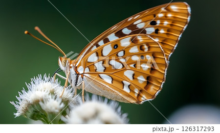 A vibrant butterfly perched on white flowers, highlighting its detailed wing patterns against a green background 126317293