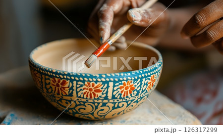An artist carefully painting a detailed pattern on a ceramic bowl, showcasing handcrafted artistry 126317299