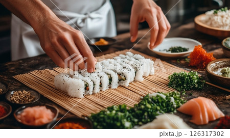 Skilled hands meticulously crafting sushi rolls with fresh ingredients on a bamboo mat, highlighting culinary expertise 126317302