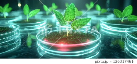 Bright Green Plant Seedlings Growing in Petri Dishes with Neon Glows in a Scientific Laboratory  126317461