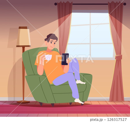 Relax on armchair. happy man sitting with cup of hot coffee and watching in smartphone 126317527