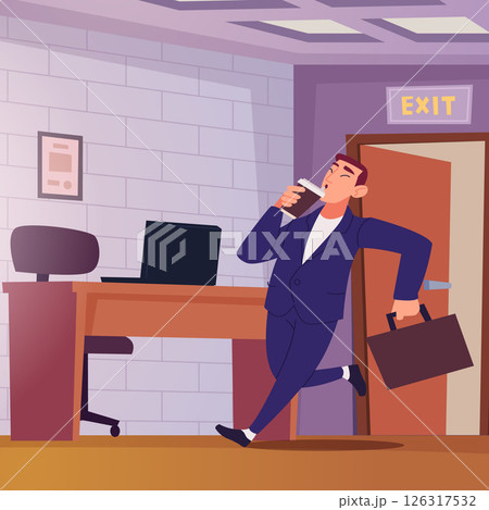Late on work. businessman with cup of tea run in office Late on work. businessman with cup of tea run in office 126317532