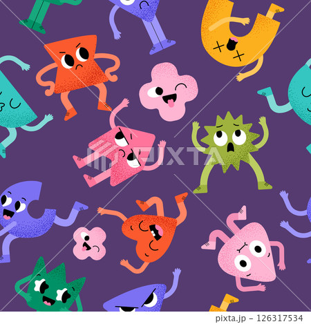 Funny emoticon pattern. geometric shapes characters with cute faces. vector seamless background Funny emoticon pattern. geometric shapes characters with cute faces. vector seamless background 126317534