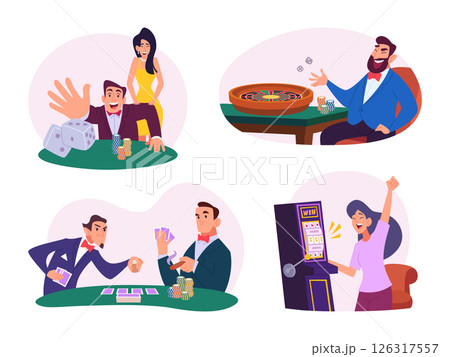 Casino. Gamblers playing roulette or poker in casino exact concept illustrations in cartoon style 126317557