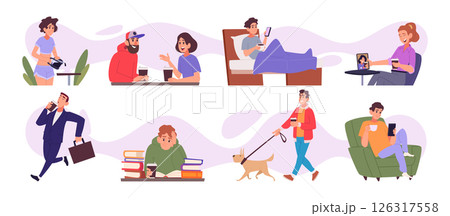 Hot coffee. People drinking on the way holding mug tea morning sleepy exact vector cartoon characters 126317558