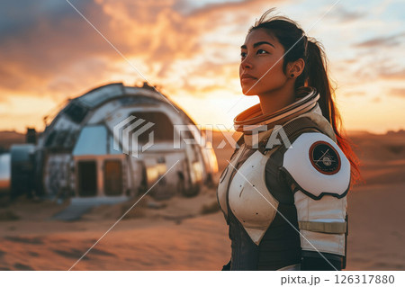 Female astronaut in futuristic space suit on desert planet 126317880