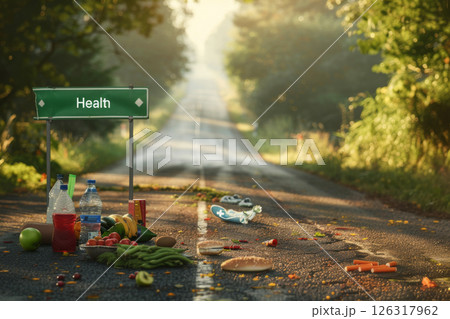Healthy Lifestyle Choice Concept with Road Sign and Food Contrast 126317962
