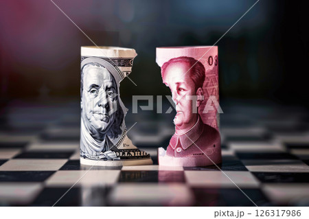 US Dollar vs Chinese Yuan on chessboard. Concept of economic rivalry 126317986