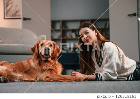 Cute golden retriever is in domestic room with his owner, beautiful young woman 126318163