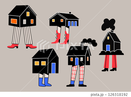 Various black small and tiny houses with human legs in cartoon comic style. Different pants and shoes. Creative houses-characters. Hand drawn vector retro illustration. Isolated design elements. 126318192
